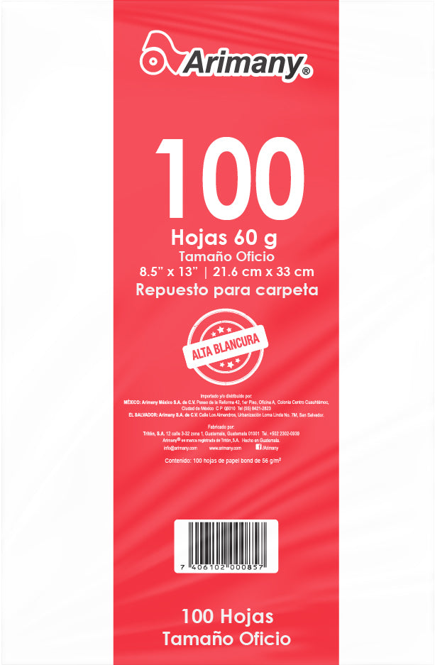 Papel Bond - Rayado y Perforado - Cientos (100 Hojas) - Arimany