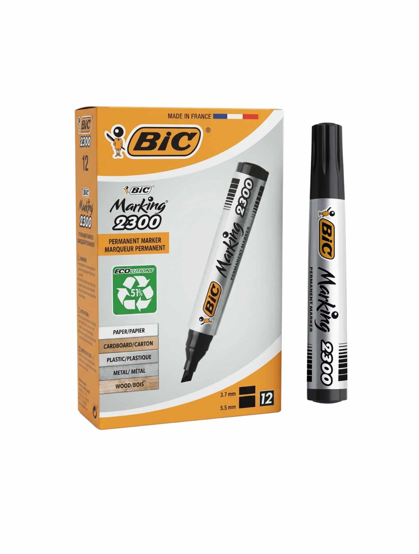 Marcador - Permanente - Bic- Negro - Marking 2300 - Punta Biselada - Caja de 12 Unidades - 1 Unidad